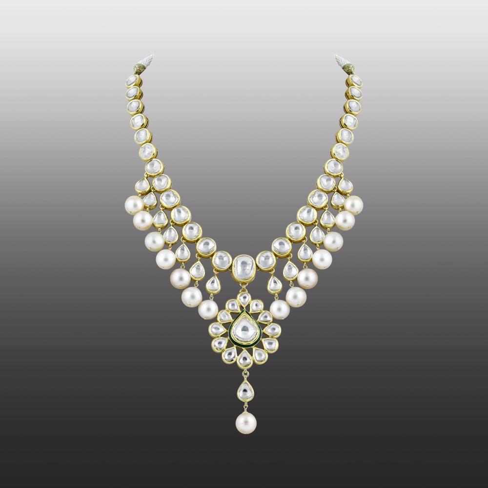 Polki Necklace with Pearl Drops and Central Motif